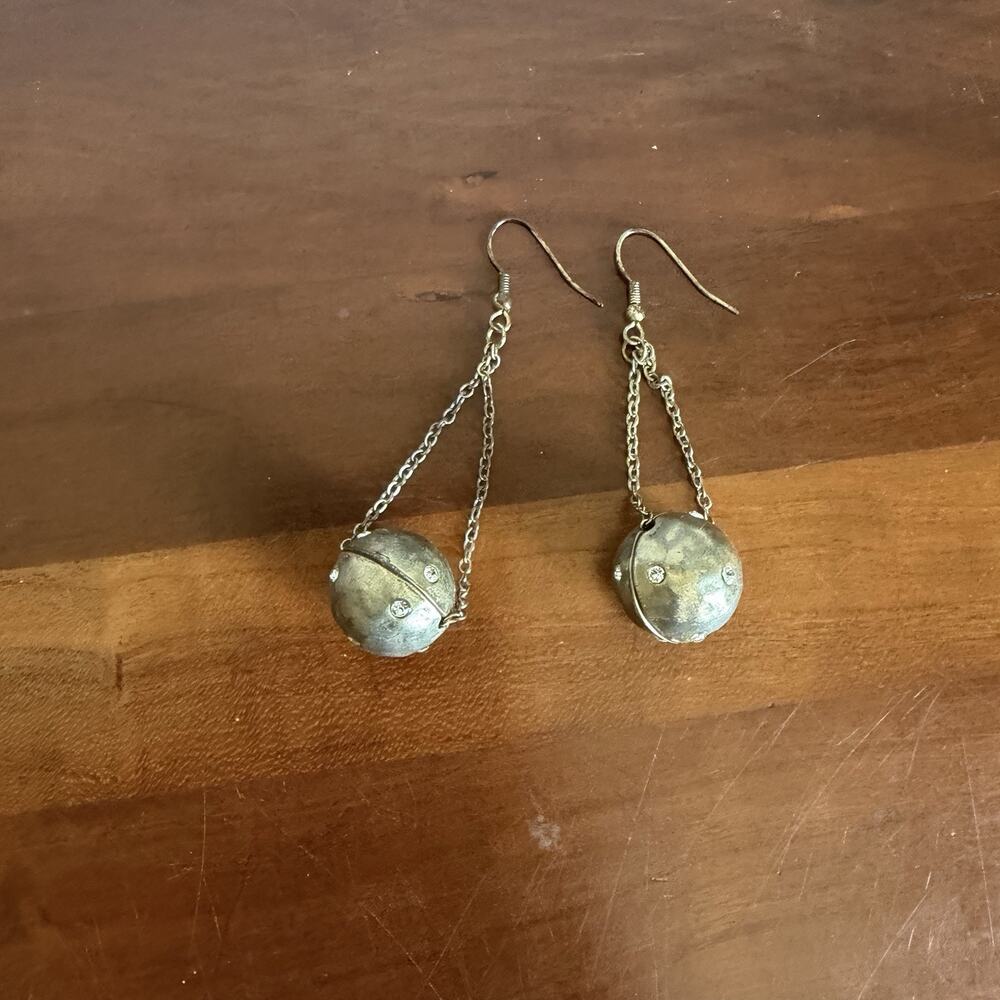 Pewter Tone Hanging Dangle Ball Earrings Rhinestone Studding Delicate Chain